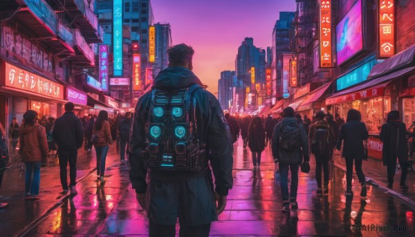 multiple girls, jacket, outdoors, multiple boys, hood, bag, from behind, backpack, building, scenery, walking, science fiction, 6+boys, city, sign, road, cityscape, street, cyberpunk, neon lights