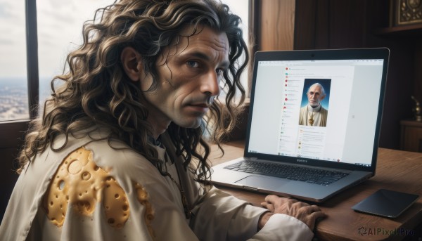 solo,long hair,blue eyes,brown hair,black hair,long sleeves,1boy,sitting,upper body,male focus,food,indoors,from side,window,facial hair,phone,cellphone,messy hair,beard,curly hair,robe,realistic,mustache,computer,old,monitor,laptop,keyboard (computer),white robe,looking at viewer,dark-skinned male