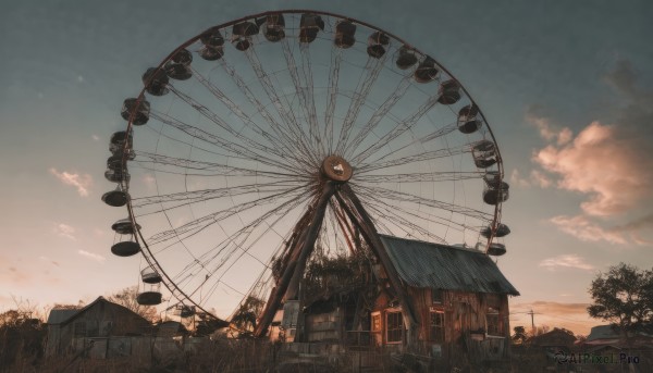 outdoors,sky,cloud,tree,no humans,window,cloudy sky,grass,building,scenery,sunset,house,power lines,twilight,evening,dusk,ferris wheel,windmill,utility pole