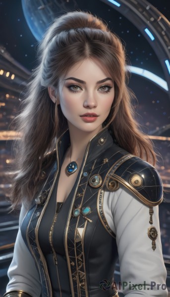 1girl,solo,long hair,breasts,looking at viewer,brown hair,long sleeves,cleavage,brown eyes,jewelry,medium breasts,upper body,ponytail,necklace,vest,lips,gem,zipper,science fiction,realistic,nose,planet,jacket,parted lips,blurry,parted bangs,makeup,lipstick,red lips,space