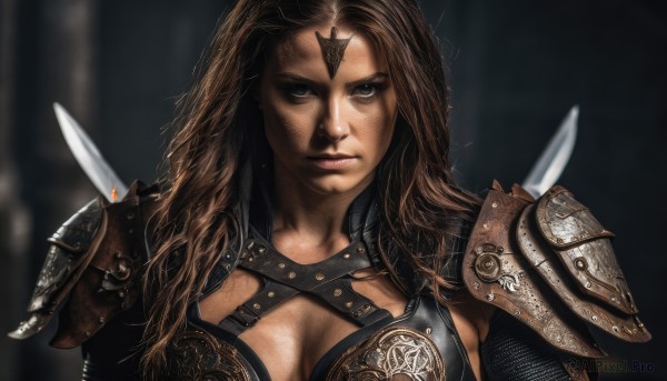 1girl,solo,long hair,breasts,looking at viewer,large breasts,brown hair,cleavage,brown eyes,medium breasts,closed mouth,upper body,weapon,armor,blurry,lips,knife,shoulder armor,portrait,pauldrons,serious,realistic,nose,bikini armor,shoulder pads,scar,facial mark,forehead mark,chainmail