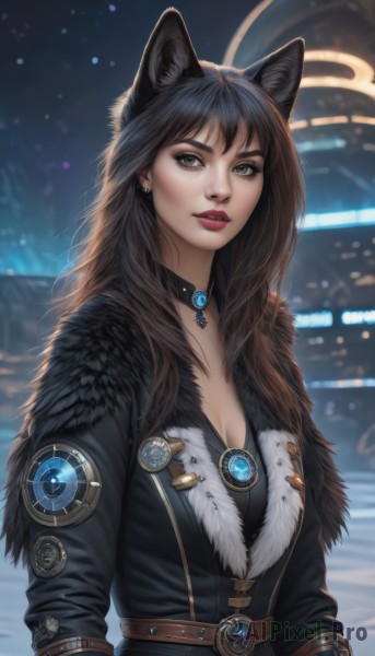 1girl,solo,long hair,breasts,looking at viewer,bangs,brown hair,black hair,long sleeves,animal ears,cleavage,brown eyes,jewelry,medium breasts,jacket,upper body,earrings,parted lips,choker,belt,artist name,cat ears,necklace,mole,blurry,lips,fur trim,makeup,blurry background,gem,pendant,realistic,nose,red lips,large breasts,signature,coat,black jacket,eyelashes,black choker,wolf ears,lipstick,buckle,fur collar,leather,badge