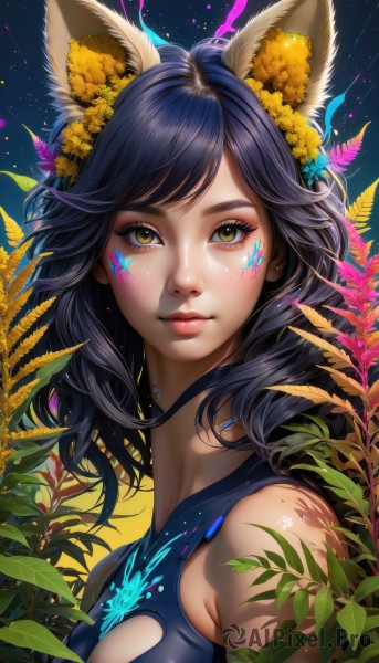 1girl,solo,long hair,breasts,looking at viewer,bangs,black hair,hair ornament,animal ears,bare shoulders,brown eyes,medium breasts,closed mouth,yellow eyes,upper body,flower,sleeveless,artist name,hair flower,lips,animal ear fluff,fox ears,clothing cutout,eyelashes,makeup,leaf,watermark,facial mark,plant,portrait,star (sky),eyeshadow,freckles,pink lips,nose,facepaint,mascara,shirt,cleavage,from side,sleeveless shirt,swept bangs,cleavage cutout,blue shirt,yellow flower