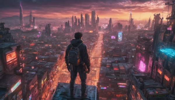 black hair, 1boy, standing, male focus, outdoors, sky, pants, cloud, hood, bag, from behind, dutch angle, backpack, building, scenery, science fiction, sunset, city, sign, cityscape, city lights, cyberpunk, neon lights