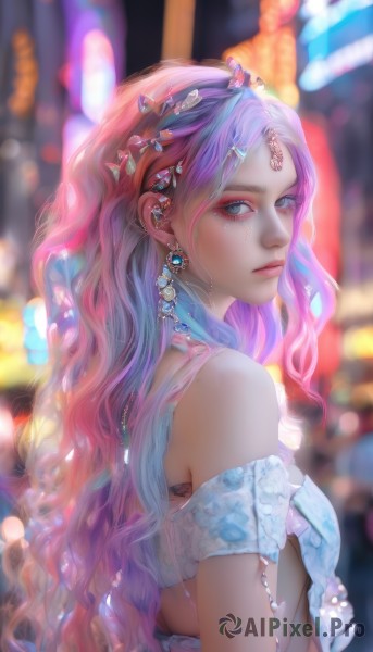 1girl,solo,long hair,breasts,looking at viewer,blue eyes,hair ornament,dress,bare shoulders,jewelry,closed mouth,upper body,pink hair,purple hair,multicolored hair,earrings,artist name,tears,necklace,blurry,from side,lips,looking to the side,eyelashes,makeup,depth of field,blurry background,wavy hair,piercing,crying,tiara,gem,eyeshadow,crying with eyes open,realistic,nose,bokeh,mascara,very long hair,looking back,bra,mole,two-tone hair,mole under eye,gradient hair,night,facial mark,expressionless,beads,pink lips,eyeliner,forehead jewel,red gemstone,pearl (gemstone)