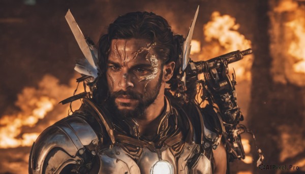 solo,looking at viewer,short hair,brown hair,black hair,1boy,brown eyes,closed mouth,upper body,weapon,male focus,dark skin,armor,blurry,dark-skinned female,lips,gun,blurry background,facial hair,scar,facial mark,dark-skinned male,portrait,beard,realistic,facial tattoo,cyborg,power armor,dreadlocks,shoulder armor,science fiction,explosion