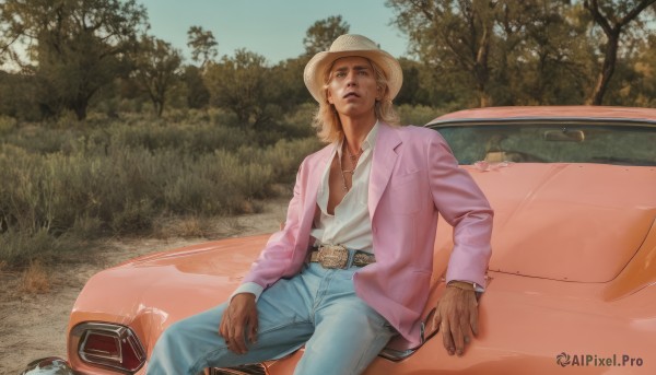 solo,looking at viewer,blonde hair,shirt,long sleeves,1boy,hat,jewelry,sitting,jacket,white shirt,male focus,outdoors,open clothes,day,collared shirt,belt,pants,dark skin,medium hair,necklace,open jacket,tree,open shirt,dark-skinned male,denim,ground vehicle,motor vehicle,jeans,realistic,blue pants,car,pink jacket,vehicle focus,cowboy hat,sports car,on vehicle,formal,suit,manly,united states