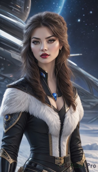 1girl,solo,long hair,breasts,looking at viewer,brown hair,cleavage,brown eyes,jewelry,medium breasts,upper body,earrings,parted lips,sky,belt,necklace,lips,fur trim,makeup,night,lipstick,star (sky),snow,starry sky,curly hair,realistic,red lips,space,planet,spacecraft,gem,eyeshadow