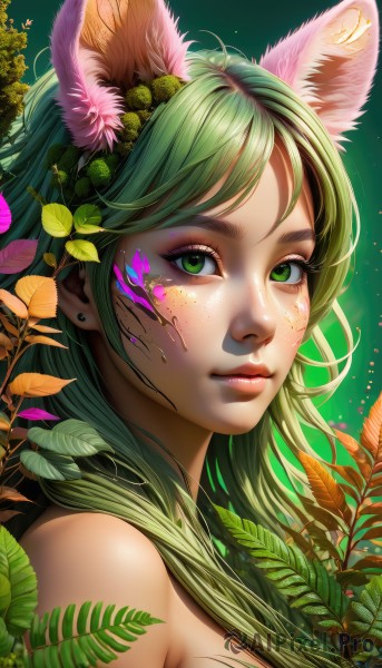 1girl,solo,long hair,looking at viewer,bangs,animal ears,bare shoulders,jewelry,closed mouth,green eyes,upper body,earrings,green hair,artist name,from side,lips,animal ear fluff,eyelashes,makeup,leaf,plant,lipstick,portrait,eyeshadow,freckles,green background,nose,facepaint,mascara,breasts,hair ornament,flower,hair flower,watermark,facial mark,web address,extra ears,realistic,dirty