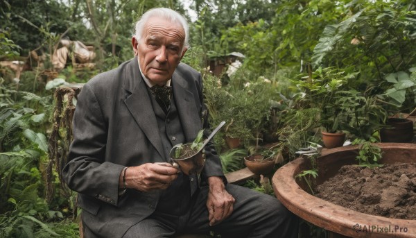 solo,looking at viewer,short hair,shirt,long sleeves,1boy,holding,sitting,closed mouth,jacket,white hair,male focus,outdoors,necktie,collared shirt,pants,tree,cup,black jacket,facial hair,chair,black pants,formal,table,suit,knife,plant,black necktie,realistic,grey jacket,potted plant,bald,manly,old,old man,photo background,wrinkled skin,closed eyes,day,striped,bowtie,vest,black shirt,tattoo,nature,holding cup,black vest,facial tattoo,black suit,pouring,garden