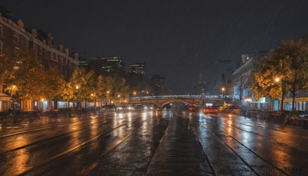 outdoors,sky,cloud,water,tree,no humans,night,cloudy sky,ground vehicle,building,night sky,scenery,motor vehicle,reflection,rain,city,car,road,cityscape,bridge,lamppost,street,puddle,real world location,sign,railing,pavement,crosswalk