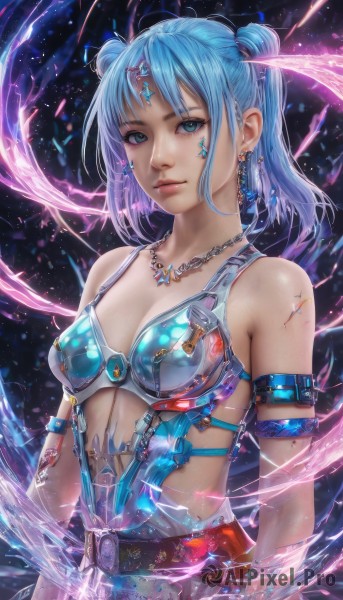 1girl,solo,breasts,looking at viewer,short hair,bangs,blue eyes,hair ornament,cleavage,bare shoulders,twintails,jewelry,medium breasts,closed mouth,blue hair,collarbone,upper body,earrings,small breasts,belt,necklace,hair bun,armor,lips,double bun,watermark,short twintails,gem,armlet,circlet,crystal,realistic,nose,arms at sides,bikini armor,artist name,facial mark,breastplate,fantasy