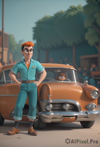 solo,smile,short hair,shirt,black hair,1boy,standing,short sleeves,male focus,multicolored hair,outdoors,shoes,glasses,socks,belt,pants,orange hair,blurry,black eyes,two-tone hair,tree,blurry background,brown footwear,cat,sunglasses,blue shirt,ground vehicle,motor vehicle,personification,hands on hips,hands in pockets,car,vehicle focus,jumpsuit,brown hair,hat,jewelry,earrings,multiple boys,day,collared shirt,artist name,mustache