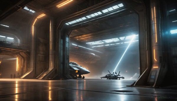 HQ,indoors,signature,military,no humans,window,robot,scenery,reflection,science fiction,light rays,realistic,aircraft,airplane,light,space,vehicle focus,spacecraft,lights,cloud,flying,military vehicle,contrail,jet,cockpit,fighter jet,laser