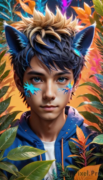 solo,looking at viewer,smile,short hair,bangs,blue eyes,shirt,black hair,1boy,animal ears,closed mouth,blue hair,jacket,white shirt,upper body,male focus,open clothes,artist name,cat ears,signature,dark skin,hood,open jacket,lips,eyelashes,leaf,watermark,facial mark,dark-skinned male,plant,blue jacket,portrait,zipper,nose,facepaint,jewelry,multicolored hair,earrings,star (symbol),two-tone hair,hoodie,hood down,bug,star (sky),extra ears,realistic,drawstring,blue hoodie