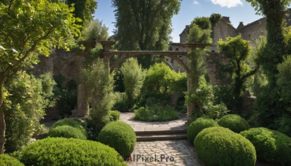 outdoors,sky,day,cloud,tree,blue sky,no humans,grass,plant,building,nature,scenery,forest,road,bush,architecture,bridge,east asian architecture,path,rock,stairs,moss