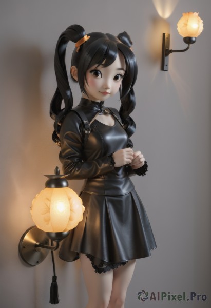 1girl,solo,long hair,breasts,looking at viewer,blush,smile,bangs,black hair,hair ornament,long sleeves,dress,cleavage,twintails,brown eyes,closed mouth,standing,small breasts,puffy sleeves,shiny,blurry,black eyes,black dress,lips,blurry background,feet out of frame,cleavage cutout,own hands together,juliet sleeves,lace trim,lace,mini hat,lantern