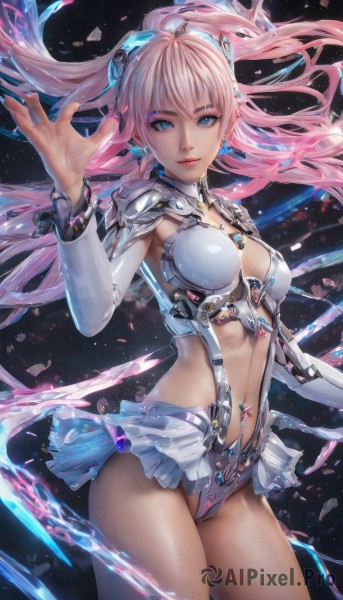 1girl,solo,long hair,breasts,looking at viewer,bangs,blue eyes,skirt,hair ornament,navel,cleavage,jewelry,medium breasts,pink hair,cowboy shot,earrings,parted lips,detached sleeves,midriff,nail polish,armor,leotard,lips,makeup,floating hair,headgear,piercing,revealing clothes,navel piercing,smile,long sleeves,closed mouth,thighs,frills,fingernails,gem,long fingernails,realistic,nose,microskirt,showgirl skirt