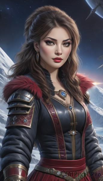 1girl,solo,long hair,breasts,looking at viewer,skirt,brown hair,long sleeves,cleavage,brown eyes,jewelry,medium breasts,upper body,earrings,sky,necklace,armor,lips,fur trim,makeup,night,red skirt,wavy hair,lipstick,star (sky),night sky,starry sky,mountain,nose,red lips,space,planet,shirt,closed mouth,artist name,signature,feathers,feather trim