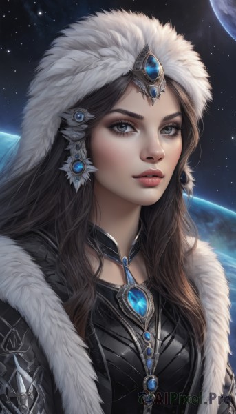 1girl,solo,long hair,looking at viewer,blue eyes,brown hair,hair ornament,hat,jewelry,upper body,earrings,parted lips,sky,artist name,lips,coat,grey eyes,fur trim,eyelashes,makeup,gem,star (sky),starry sky,freckles,realistic,nose,space,planet,fur hat,earth (planet),black hair,armor,headpiece,headdress