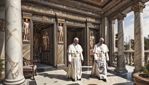 short hair,brown hair,long sleeves,standing,male focus,multiple boys,sky,shoes,day,cloud,indoors,dark skin,2boys,black footwear,capelet,3boys,cross,plant,scenery,robe,architecture,ruins,pillar,vase,statue,white robe,arch,column,priest,jewelry,nude,outdoors,necklace,tree,beard,realistic,bald