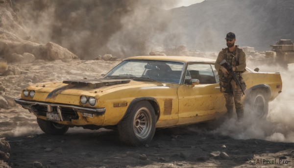 solo,gloves,1boy,hat,holding,jacket,weapon,male focus,outdoors,holding weapon,uniform,gun,military,military uniform,helmet,goggles,ground vehicle,holding gun,motor vehicle,rifle,smoke,mountain,military vehicle,car,assault rifle,vehicle focus,dust,truck,signature,scenery,realistic,soldier,desert