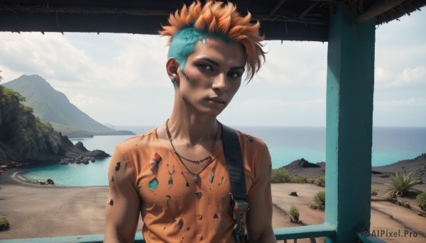 1girl,solo,looking at viewer,short hair,blue eyes,shirt,1boy,jewelry,blue hair,upper body,male focus,multicolored hair,earrings,outdoors,sky,day,cloud,dark skin,water,necklace,orange hair,two-tone hair,tree,blue sky,lips,aqua hair,tattoo,ocean,beach,piercing,ear piercing,scenery,freckles,mountain,realistic,nose,print shirt,bird,very short hair,boat,mohawk