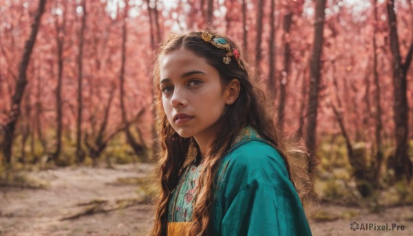 1girl,solo,long hair,looking at viewer,brown hair,black hair,hair ornament,dress,brown eyes,jewelry,upper body,flower,outdoors,parted lips,day,necklace,blurry,black eyes,tree,lips,depth of field,blurry background,gem,nature,forest,freckles,realistic,nose,wavy hair,sunlight,dappled sunlight