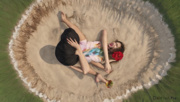 1girl,solo,open mouth,skirt,brown hair,black hair,hair ornament,closed eyes,flower,lying,barefoot,hair flower,nail polish,feet,from above,parody,grass,realistic,what,fine art parody,dirty feet,long hair,breasts,multiple girls,dress,2girls,medium breasts,on back,dirty