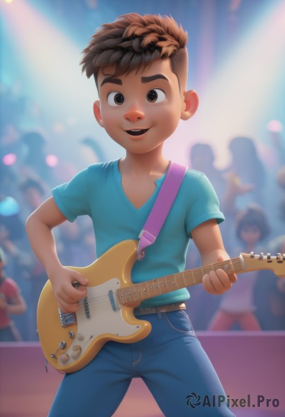 solo,looking at viewer,smile,short hair,open mouth,brown hair,shirt,1boy,holding,brown eyes,short sleeves,male focus,teeth,solo focus,belt,pants,blurry,blurry background,blue shirt,denim,t-shirt,instrument,child,jeans,music,guitar,male child,playing instrument,holding instrument,electric guitar,crowd,spotlight,people,black hair,standing,outdoors,stage,plectrum,concert