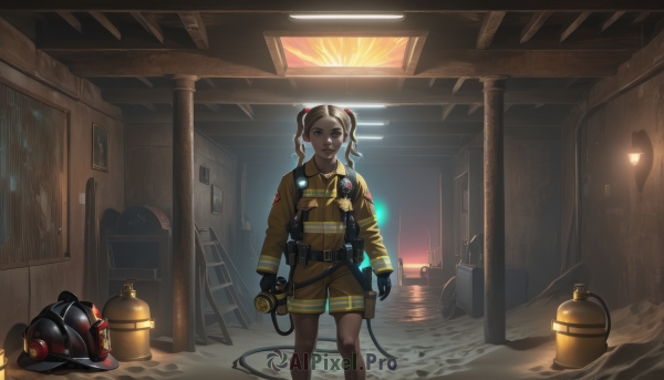 1girl,solo,looking at viewer,short hair,blue eyes,brown hair,gloves,long sleeves,holding,twintails,brown eyes,closed mouth,standing,jacket,shorts,black gloves,indoors,dark skin,bag,dark-skinned female,window,mask,helmet,fire,pouch,door,cable,very dark skin,gas mask,hallway,blonde hair,white hair,multicolored hair,explosive,jumpsuit,hose,helmet removed