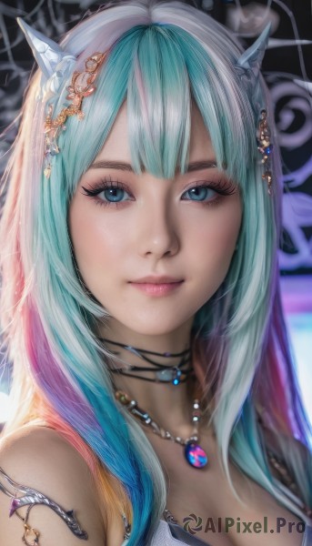 1girl,solo,long hair,breasts,looking at viewer,smile,bangs,blue eyes,hair ornament,cleavage,bare shoulders,jewelry,medium breasts,closed mouth,blue hair,upper body,pink hair,multicolored hair,horns,choker,necklace,two-tone hair,lips,eyelashes,aqua hair,makeup,gem,portrait,armlet,eyeshadow,realistic,nose,large breasts,green hair,artist name