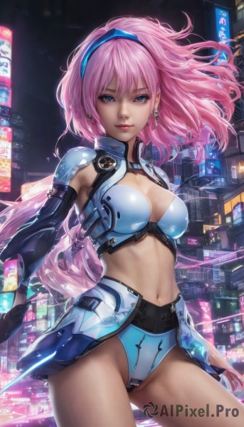 1girl,solo,long hair,breasts,looking at viewer,blue eyes,large breasts,gloves,navel,cleavage,jewelry,medium breasts,standing,pink hair,cowboy shot,hairband,earrings,detached sleeves,black gloves,midriff,stomach,armor,lips,clothing cutout,night,floating hair,cleavage cutout,building,city,realistic,cityscape,blue hairband,elbow gloves,neon lights