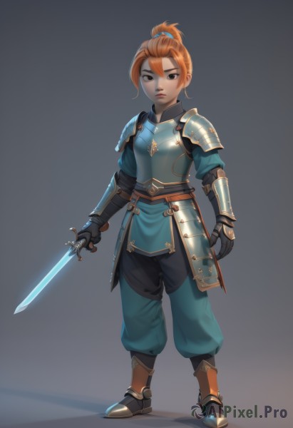 1girl,solo,looking at viewer,short hair,simple background,brown hair,gloves,holding,brown eyes,closed mouth,standing,full body,ponytail,weapon,boots,black gloves,belt,pants,sword,grey background,holding weapon,orange hair,armor,black eyes,lips,glowing,holding sword,shoulder armor,gauntlets,short ponytail,pauldrons,breastplate,vambraces,armored boots,greaves,topknot,hair between eyes,knight,plate armor