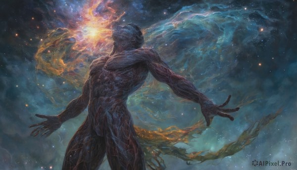 solo,1boy,standing,male focus,sky,cloud,no humans,muscular,glowing,outstretched arms,fire,star (sky),starry sky,monster,magic,alien,galaxy,short hair,nipples,thighs,nude,artist name,completely nude,thick thighs,abs,pectorals,muscular male,bara,floating,veins,realistic,fantasy,space,open hands