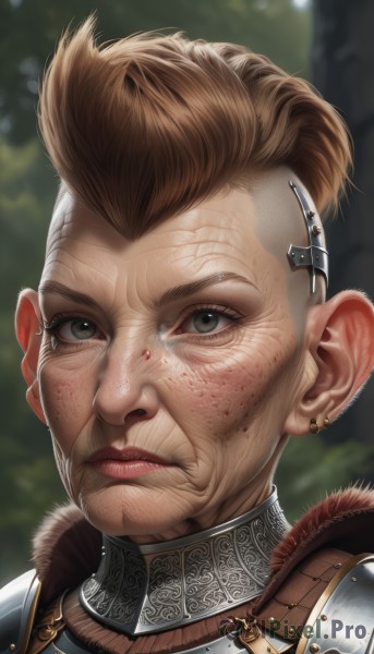 1girl,solo,looking at viewer,short hair,brown hair,hair ornament,jewelry,closed mouth,green eyes,flower,earrings,outdoors,armor,blurry,black eyes,lips,grey eyes,blood,makeup,blurry background,scar,piercing,shoulder armor,ear piercing,portrait,freckles,veins,breastplate,realistic,nose,stud earrings,very short hair,chainmail,1boy,male focus,artist name,facial hair,bald,undercut,mohawk