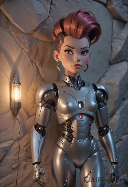 1girl,solo,breasts,looking at viewer,short hair,brown hair,brown eyes,jewelry,standing,red hair,earrings,small breasts,dark skin,dark-skinned female,lips,bodysuit,makeup,cameltoe,robot,lipstick,skin tight,science fiction,android,joints,cable,mechanical arms,undercut,cyborg,hair slicked back,robot joints,cyberpunk,mechanical parts,single mechanical arm,stone wall