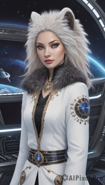 1girl,solo,long hair,breasts,looking at viewer,long sleeves,animal ears,brown eyes,jewelry,closed mouth,upper body,white hair,choker,belt,necklace,lips,coat,grey eyes,fur trim,makeup,star (sky),forehead,pendant,science fiction,realistic,nose,white coat,red lips,space,planet,earth (planet),spacecraft,standing,artist name,freckles,fur collar,lion ears