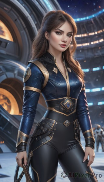 1girl,solo,long hair,breasts,looking at viewer,brown hair,long sleeves,holding,cleavage,brown eyes,medium breasts,closed mouth,standing,ponytail,weapon,cowboy shot,solo focus,pants,bag,blurry,lips,bodysuit,makeup,night,blurry background,contrapposto,realistic,nose,red lips,jewelry,belt,parted bangs,whip