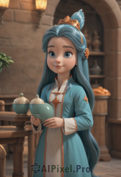 1girl,solo,long hair,looking at viewer,smile,blue eyes,hair ornament,long sleeves,dress,holding,very long hair,closed mouth,blue hair,standing,flower,cowboy shot,hairband,food,indoors,blurry,lips,depth of field,blurry background,blue dress,table,plant,child,female child,potted plant,teapot,vase,bangs,artist name,hair flower,cup,aqua hair,chinese clothes,thick eyebrows,forehead,teacup,brick wall,aqua dress