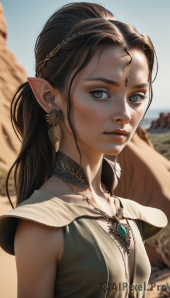 1girl,solo,long hair,breasts,looking at viewer,brown hair,black hair,bare shoulders,jewelry,green eyes,collarbone,upper body,ponytail,earrings,small breasts,outdoors,parted lips,sky,sleeveless,choker,day,pointy ears,artist name,necklace,blurry,lips,depth of field,blurry background,elf,gem,freckles,circlet,realistic,nose,dress,brown eyes,blue sky,eyelashes,green dress