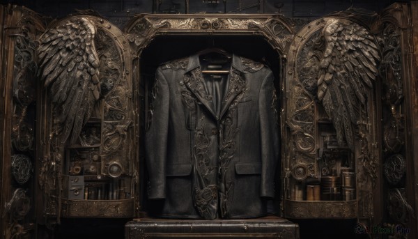 solo,1boy,hat,jacket,wings,necktie,indoors,coat,black jacket,no humans,window,formal,suit,scenery,feathered wings,angel wings,stairs,door,white wings,angel,clock,statue,vest,book,bookshelf,picture frame,still life,coffin