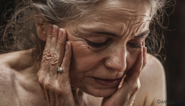 1girl,solo,long hair,simple background,1boy,jewelry,closed mouth,closed eyes,white hair,grey hair,male focus,nude,lips,fingernails,hands up,eyelashes,scar,ring,black background,messy hair,portrait,veins,realistic,hands on own face,old,hands on own cheeks,old woman,wrinkled skin,smile,tattoo,close-up,hand on own face,old man