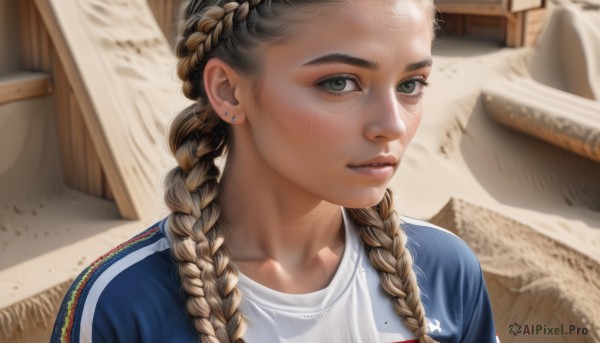 1girl,solo,long hair,looking at viewer,blonde hair,brown hair,shirt,jewelry,closed mouth,white shirt,upper body,braid,multicolored hair,earrings,indoors,mole,blurry,twin braids,two-tone hair,lips,grey eyes,bed,portrait,hair over shoulder,forehead,freckles,realistic,nose,stud earrings,carpet,mole on neck,multiple braids,blue eyes,twintails,collarbone,parted lips,day,artist name,eyelashes,depth of field,blurry background,watermark,piercing,sunlight,thick eyebrows,blue shirt,ear piercing