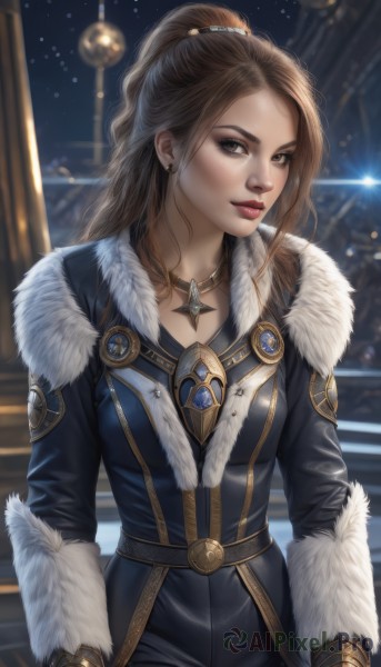 1girl,solo,long hair,breasts,looking at viewer,brown hair,gloves,long sleeves,brown eyes,jewelry,medium breasts,closed mouth,ponytail,earrings,belt,necklace,blurry,lips,coat,fur trim,makeup,night,blurry background,lipstick,pendant,realistic,nose,red lips,fur-trimmed sleeves,bodysuit,star (sky),freckles