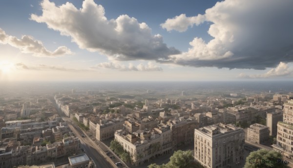 outdoors,sky,day,cloud,water,tree,blue sky,dutch angle,no humans,ocean,sunlight,cloudy sky,building,scenery,city,sun,horizon,cityscape,skyscraper,landscape