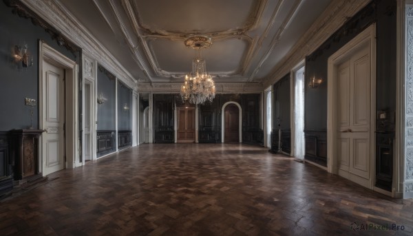 indoors,no humans,window,scenery,wooden floor,stairs,door,light,candle,architecture,pillar,ceiling,hallway,carpet,church,candlestand,ceiling light,reflective floor,chandelier,night,chair,reflection,tiles,tile floor