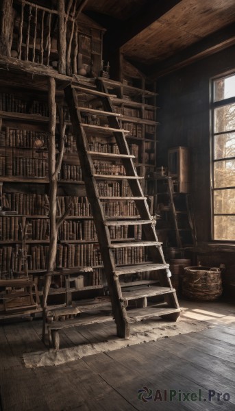 monochrome,day,indoors,book,no humans,window,chair,sunlight,plant,scenery,wooden floor,stairs,bookshelf,basket,shelf,book stack,library,ladder,solo,tree,railing,wood