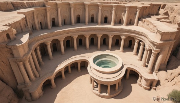 outdoors,day,water,tree,no humans,shadow,grass,building,scenery,sand,road,bridge,pillar,river,boat,desert,arch,from above,stairs,fantasy,architecture,ruins,castle,tower,landscape,path,column