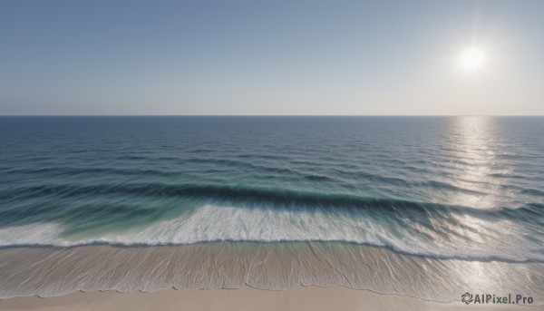 outdoors,sky,day,water,no humans,ocean,beach,scenery,sand,sun,horizon,waves,shore,monochrome,cloud,blue sky,sunlight